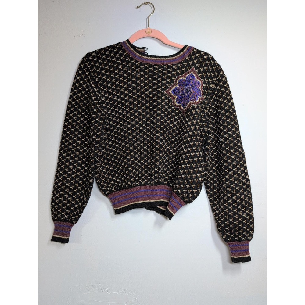 UMI Collections ANNE CRIMMINS Vintage Crop Sweater size‎ M Black Santana Knit